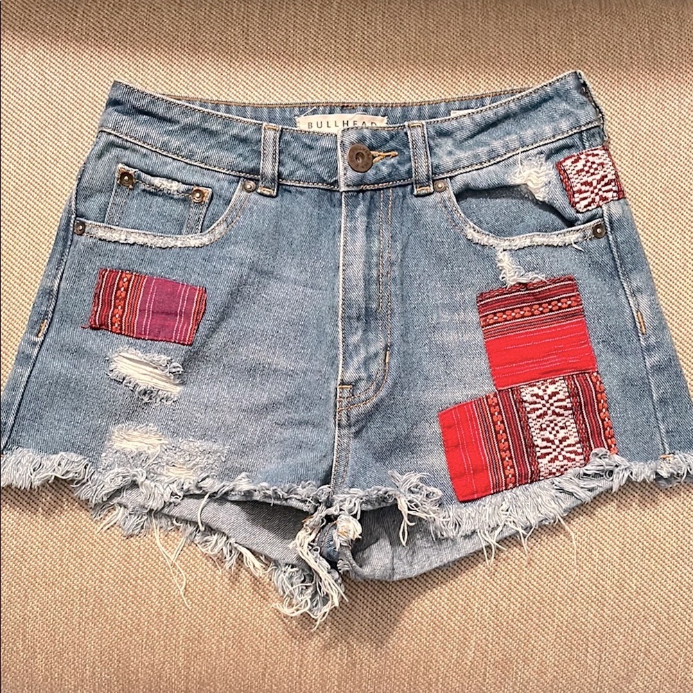 patched jean shorts